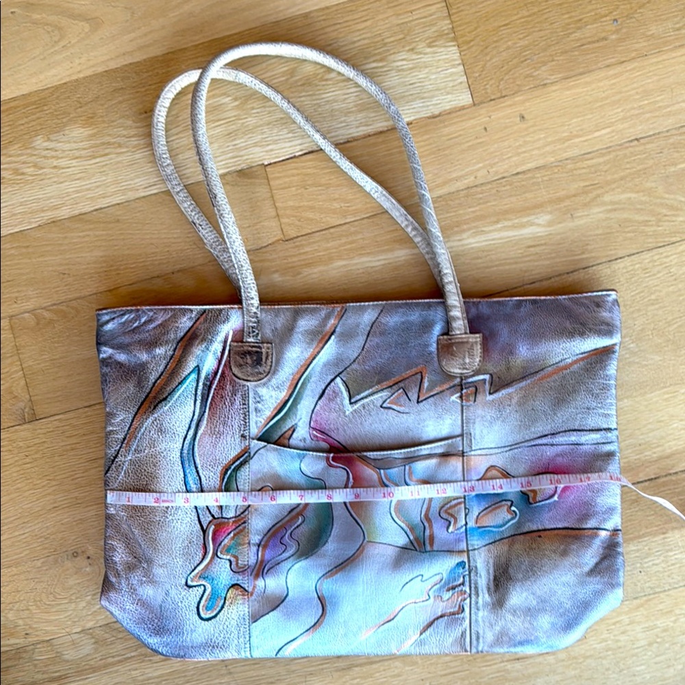 80’s RARE RETRO Leather Hand Painted Tote Shoulder Bag - Picture 7 of 17